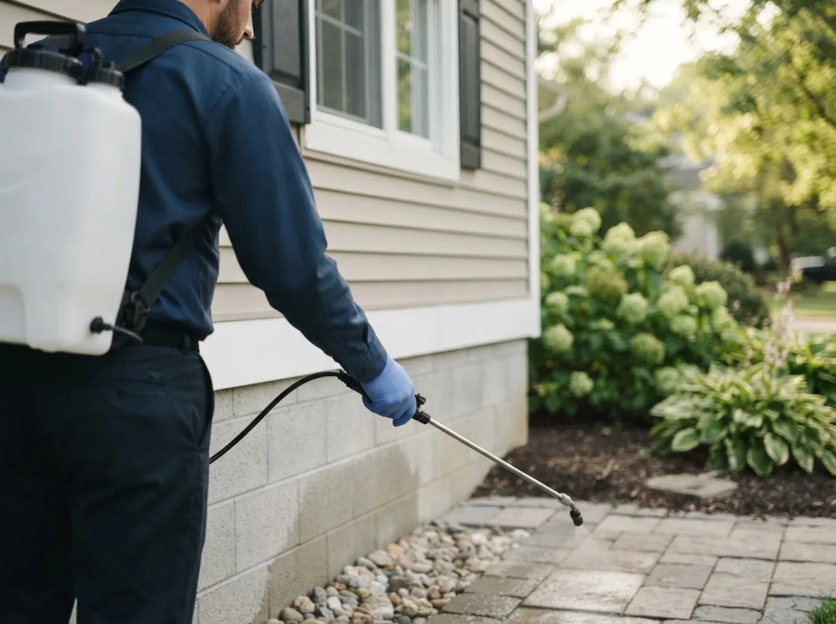 Pest control technician inspecting a home in Laurel, NY